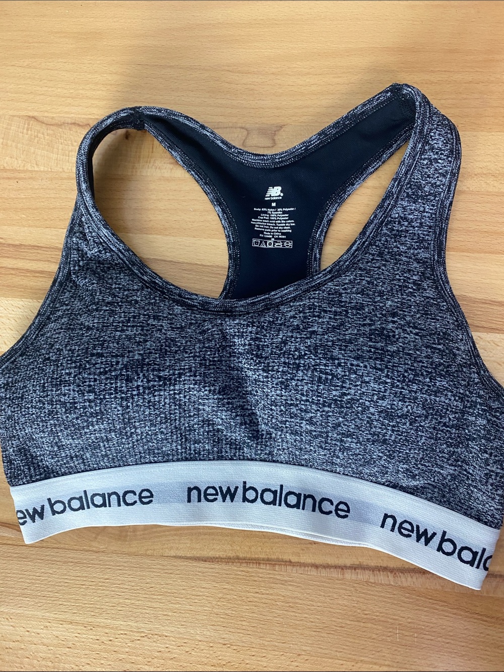 New Balance Heathered Black/grey Racerback Sports Bra with Branded Band